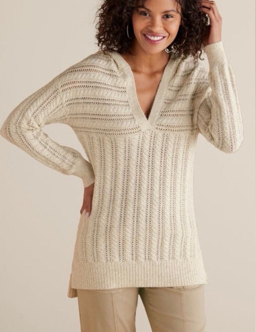 Soft Surroundings Knit Sweater Tunic Women’s Medium Cream V Neck Boho